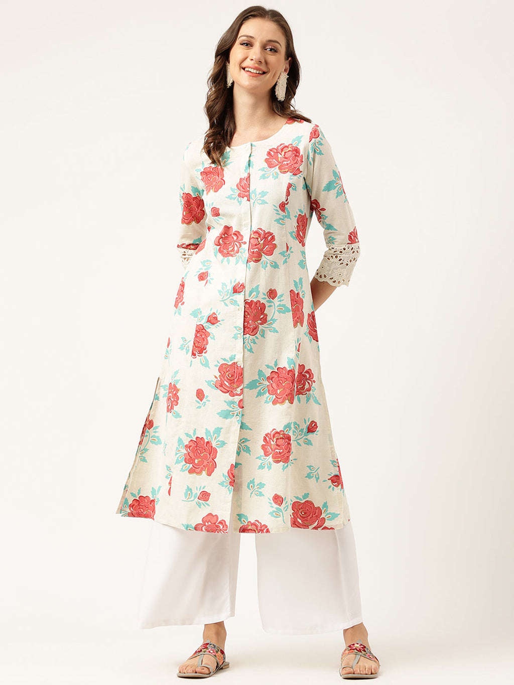 Noe Velarro Cream Floral Printed Cotton A-Line  Kurta