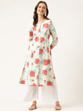 Noe Velarro Cream Floral Printed Cotton A-Line  Kurta