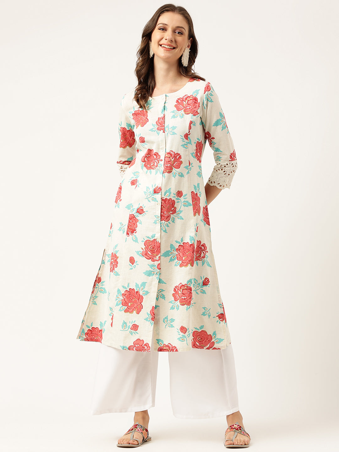 Noe Velarro Cream Floral Printed Cotton A-Line  Kurta