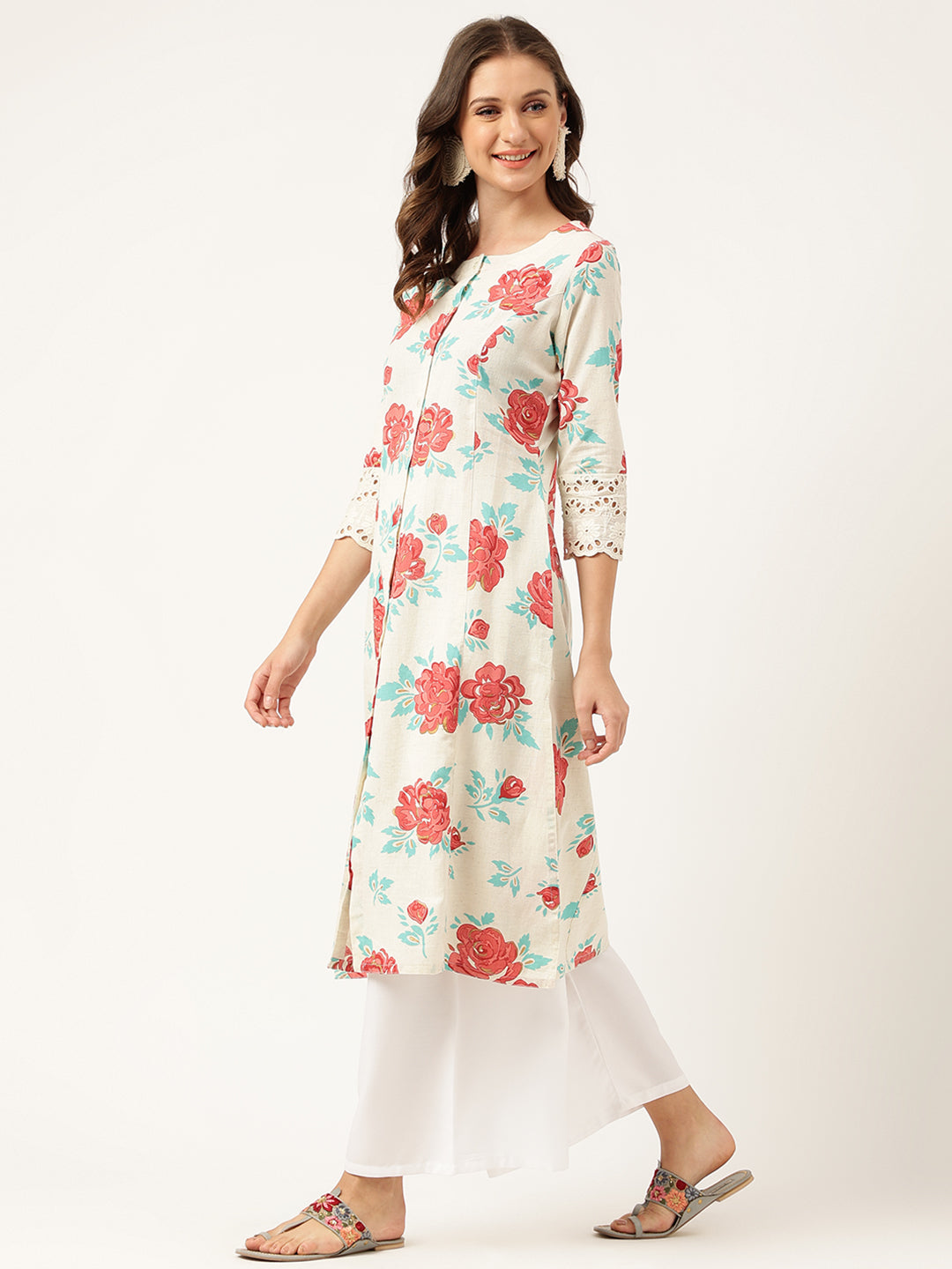 Noe Velarro Cream Floral Printed Cotton A-Line  Kurta