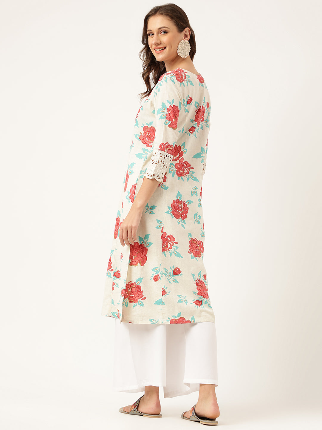 Noe Velarro Cream Floral Printed Cotton A-Line  Kurta