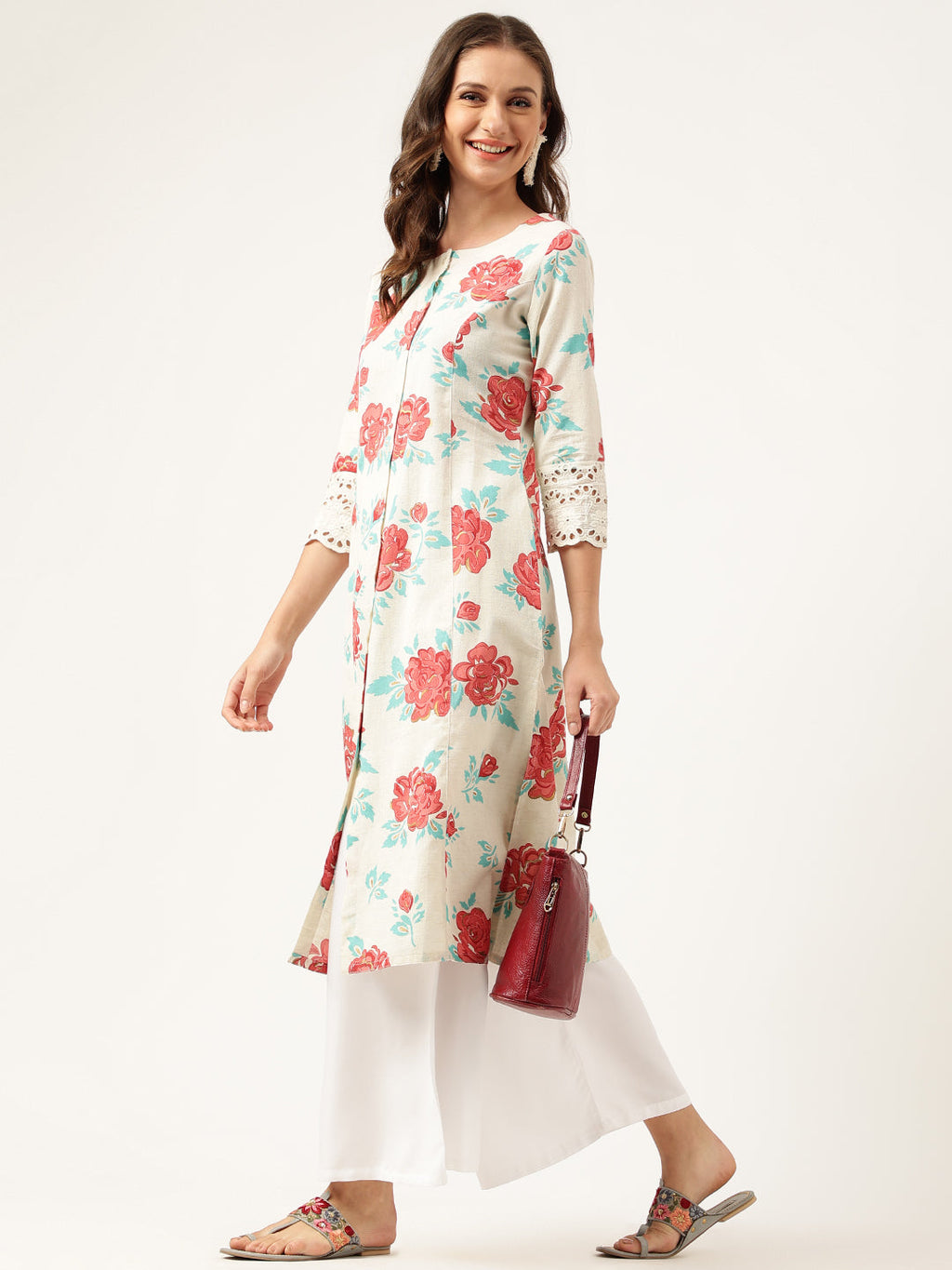 Noe Velarro Cream Floral Printed Cotton A-Line  Kurta