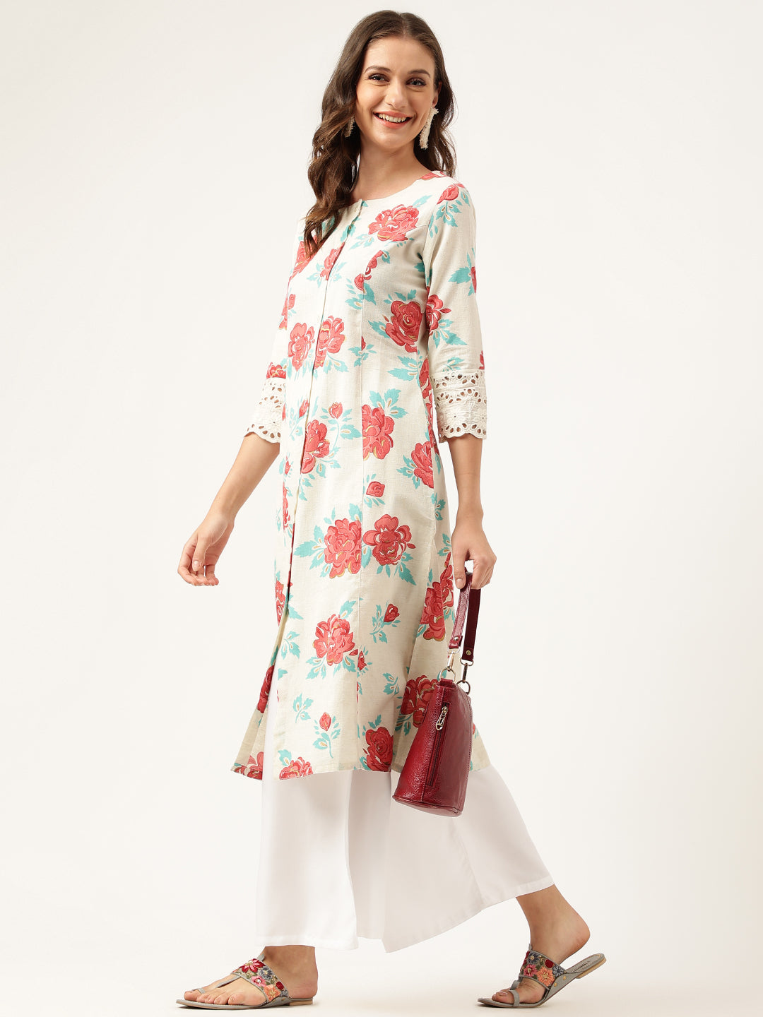 Noe Velarro Cream Floral Printed Cotton A-Line  Kurta