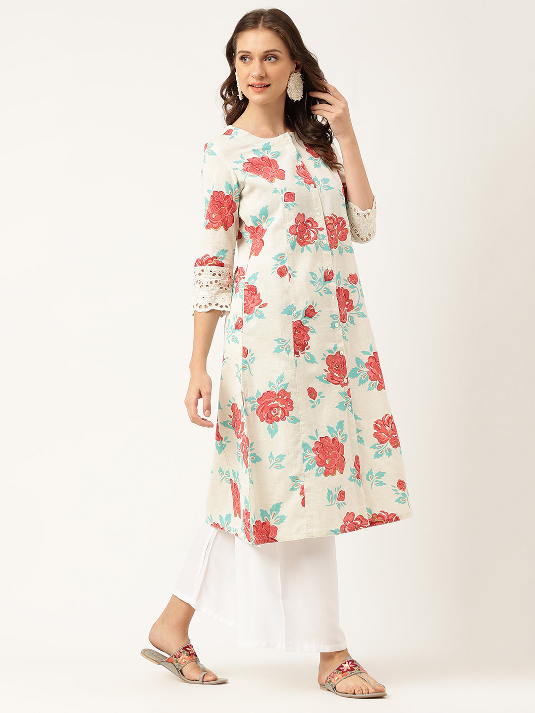 Noe Velarro Cream Floral Printed Cotton A-Line  Kurta