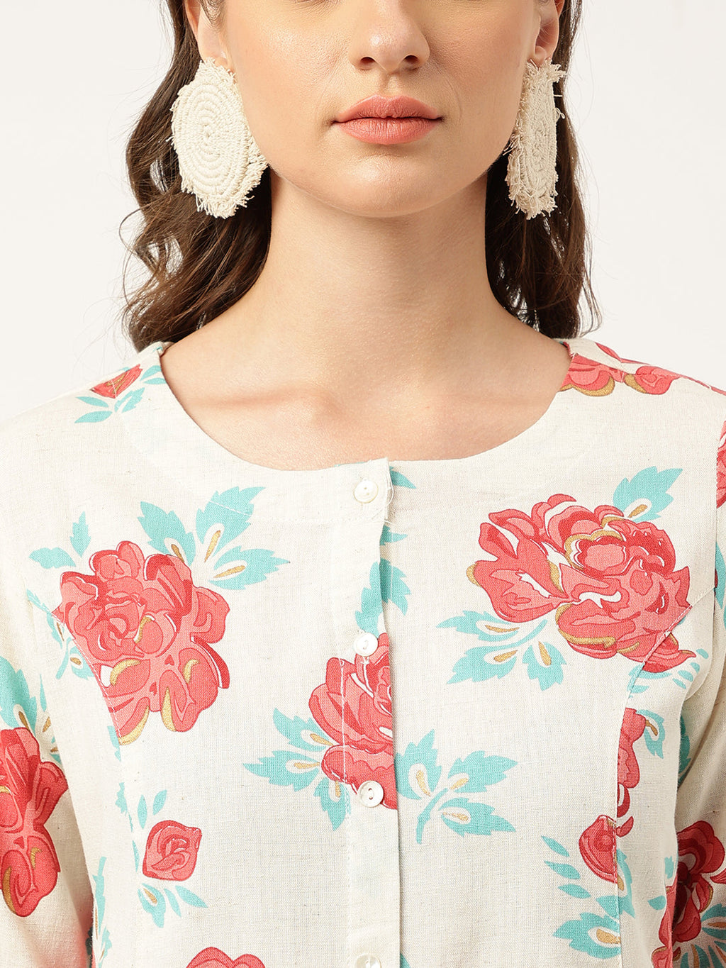 Noe Velarro Cream Floral Printed Cotton A-Line  Kurta