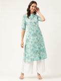 Noe Velarro Sea Green Floral Printed Cotton A-Line  Kurta