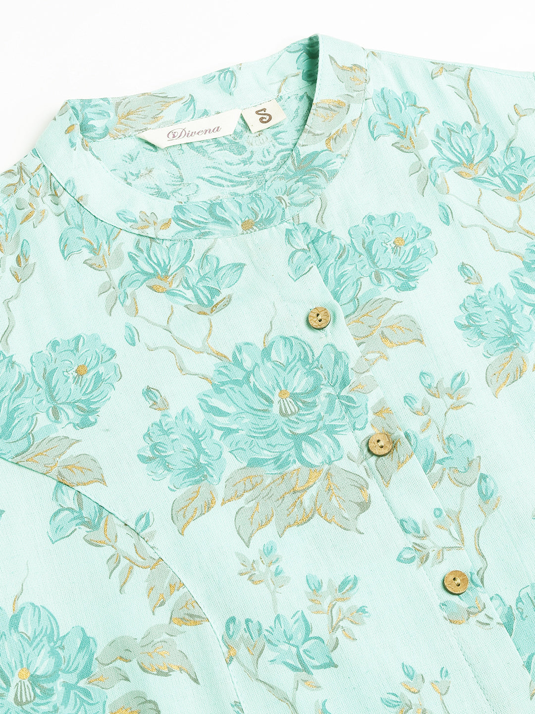 Noe Velarro Sea Green Floral Printed Cotton A-Line  Kurta