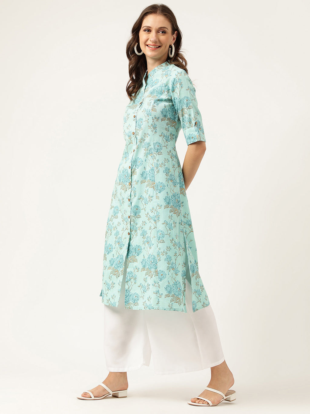 Noe Velarro Sea Green Floral Printed Cotton A-Line  Kurta