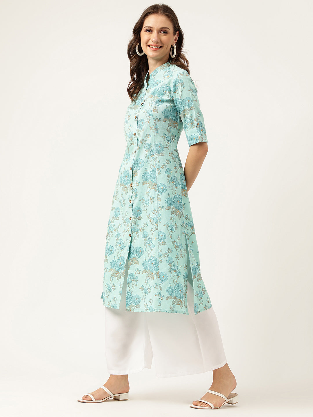 Noe Velarro Sea Green Floral Printed Cotton A-Line  Kurta