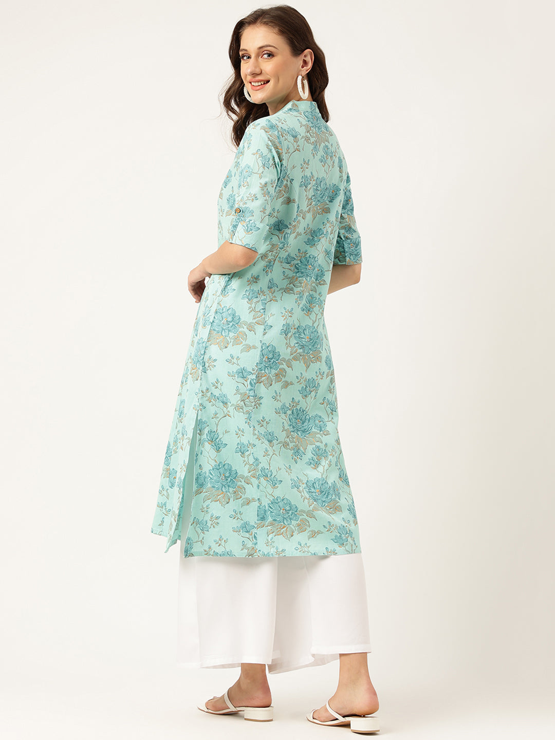 Noe Velarro Sea Green Floral Printed Cotton A-Line  Kurta