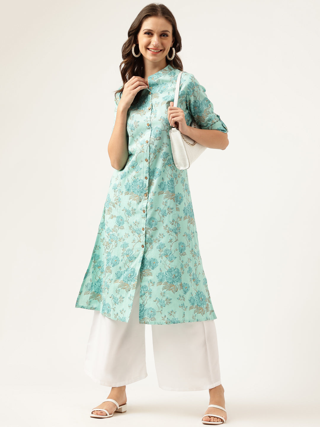 Noe Velarro Sea Green Floral Printed Cotton A-Line  Kurta