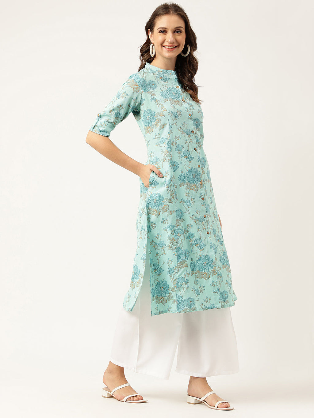 Noe Velarro Sea Green Floral Printed Cotton A-Line  Kurta