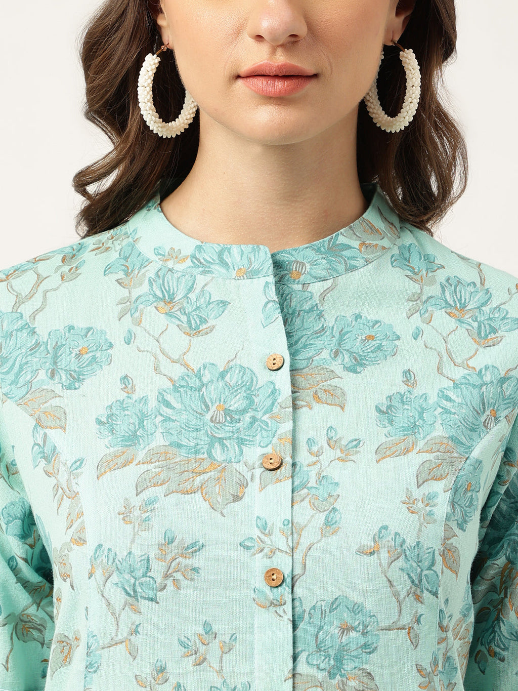 Noe Velarro Sea Green Floral Printed Cotton A-Line  Kurta