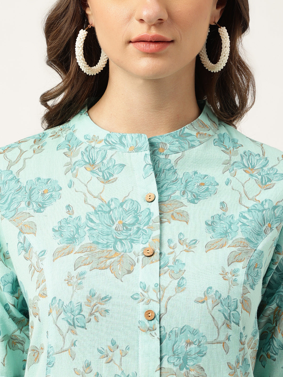 Noe Velarro Sea Green Floral Printed Cotton A-Line  Kurta