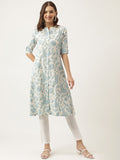 Noe Velarro Sky blue Floral Printed Cotton A-Line Kurta