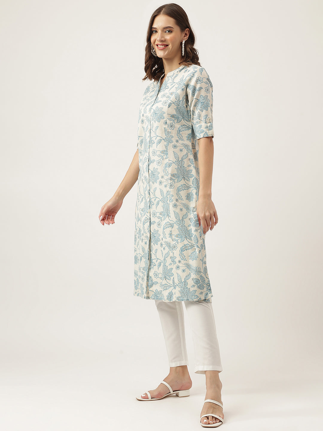 Noe Velarro Sky blue Floral Printed Cotton A-Line Kurta