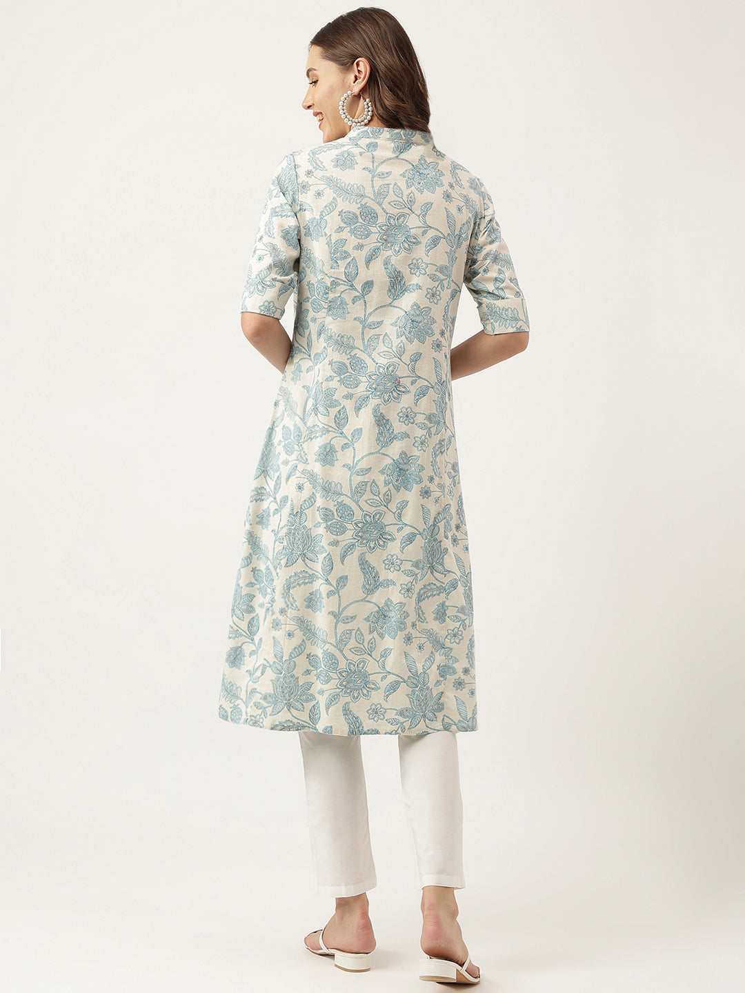 Noe Velarro Sky blue Floral Printed Cotton A-Line Kurta