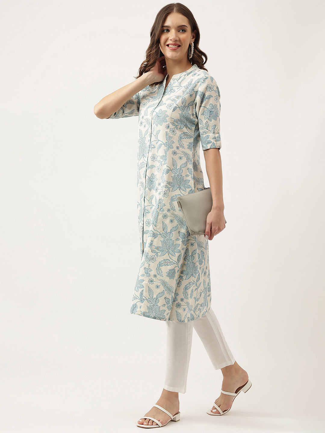 Noe Velarro Sky blue Floral Printed Cotton A-Line Kurta