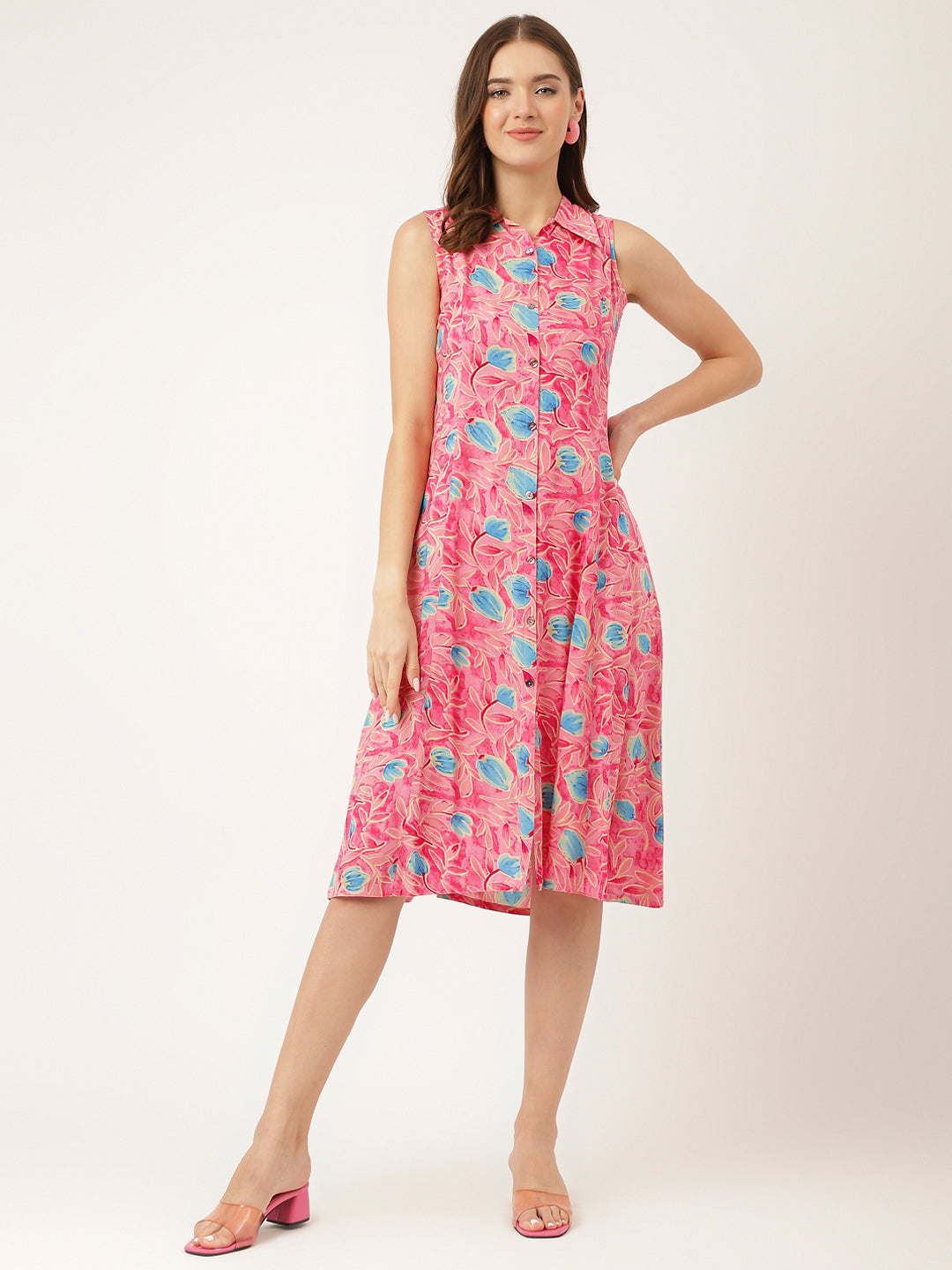 Noe Velarro Pink Floral Print Rayon A-Line Midi Dress with Attached Sleeves for Women