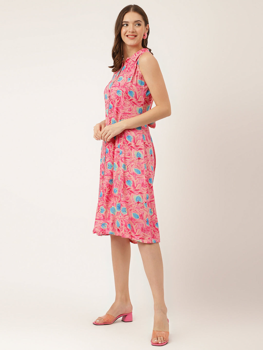 Noe Velarro Pink Floral Print Rayon A-Line Midi Dress with Attached Sleeves for Women