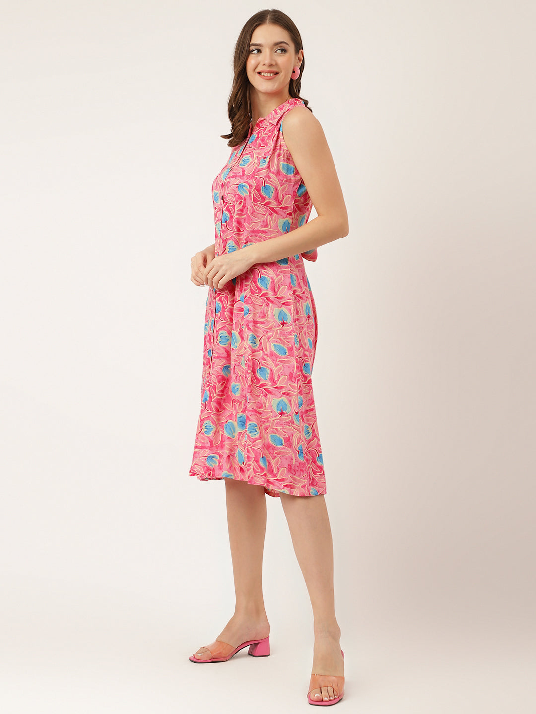Noe Velarro Pink Floral Print Rayon A-Line Midi Dress with Attached Sleeves for Women