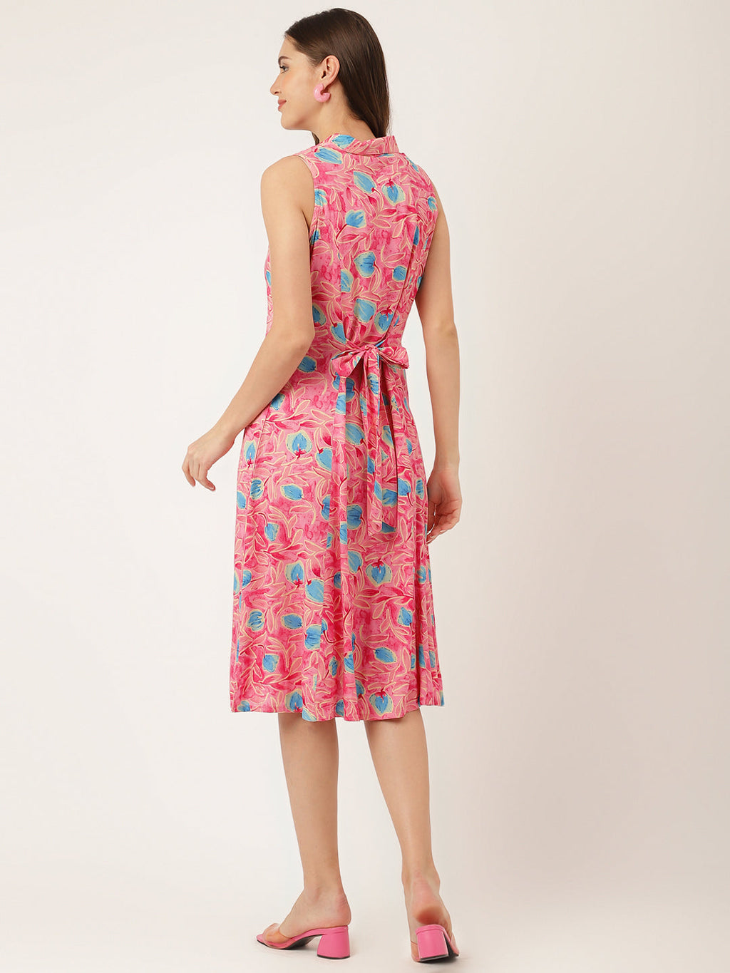 Noe Velarro Pink Floral Print Rayon A-Line Midi Dress with Attached Sleeves for Women