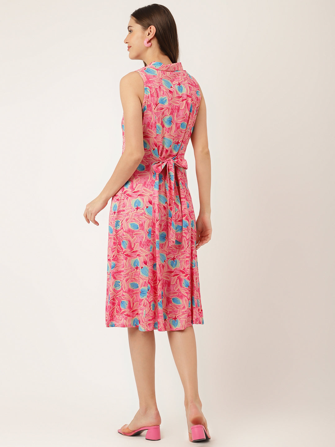 Noe Velarro Pink Floral Print Rayon A-Line Midi Dress with Attached Sleeves for Women