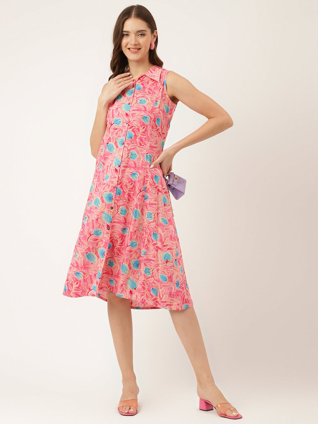 Noe Velarro Pink Floral Print Rayon A-Line Midi Dress with Attached Sleeves for Women