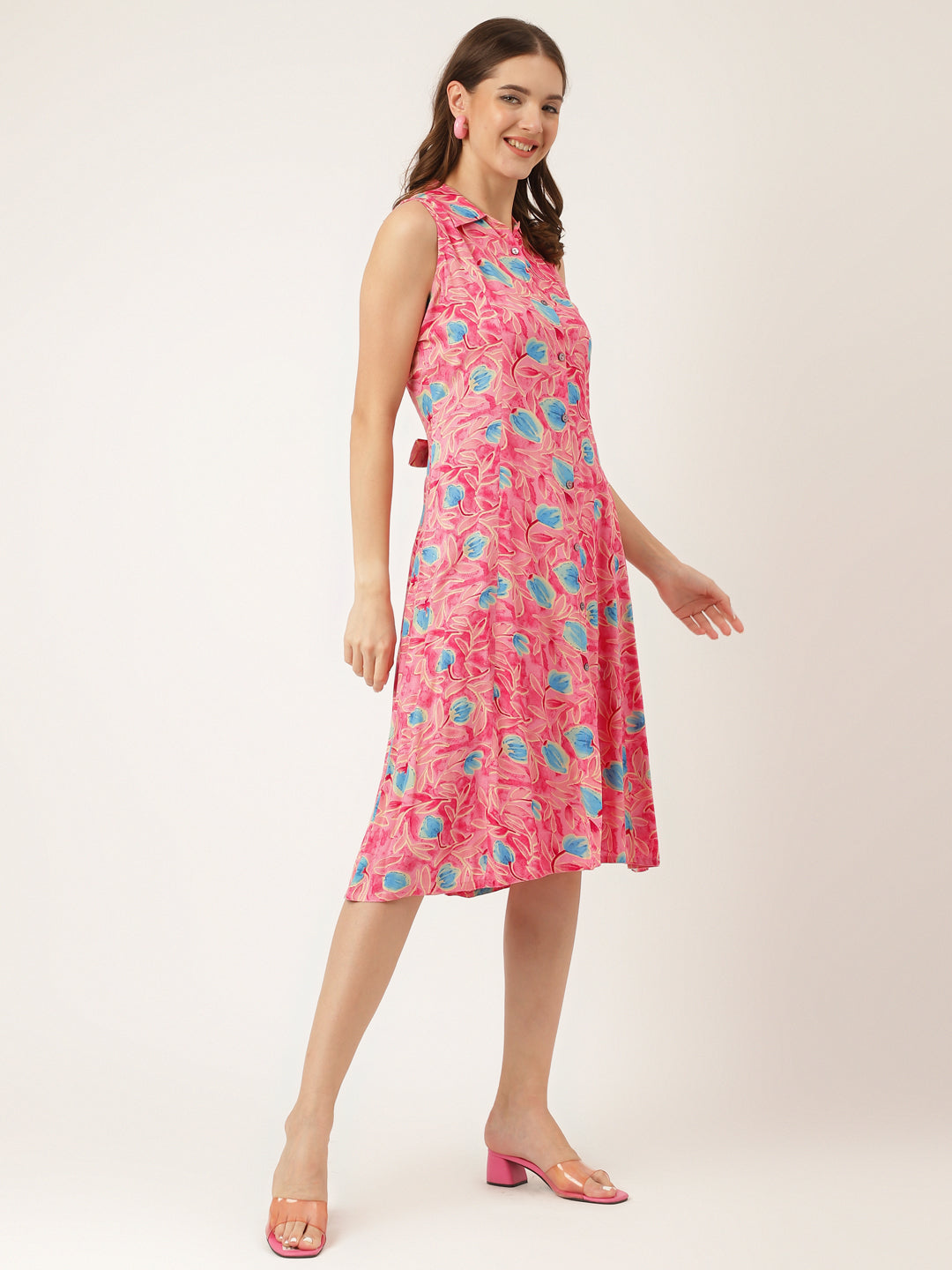 Noe Velarro Pink Floral Print Rayon A-Line Midi Dress with Attached Sleeves for Women