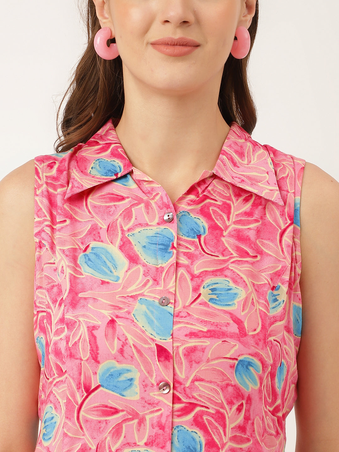 Noe Velarro Pink Floral Print Rayon A-Line Midi Dress with Attached Sleeves for Women
