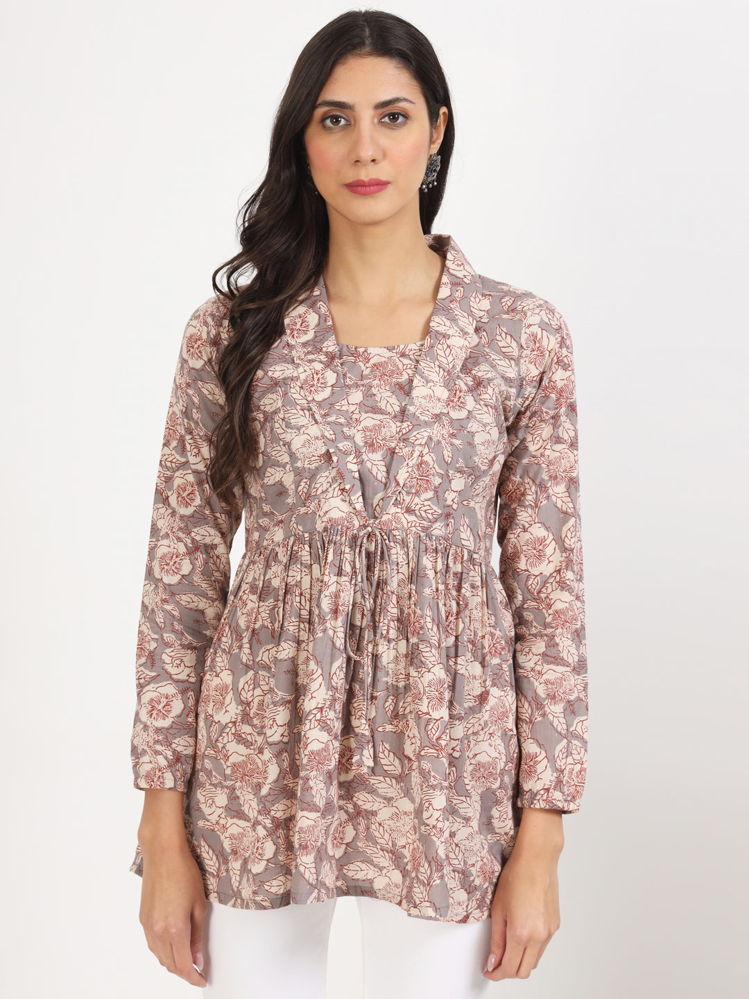 Noe Velarro Grey Floral Printed Cotton Top
