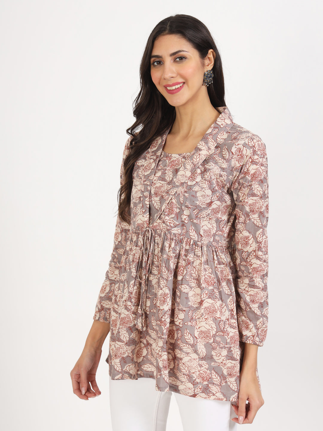 Noe Velarro Grey Floral Printed Cotton Top