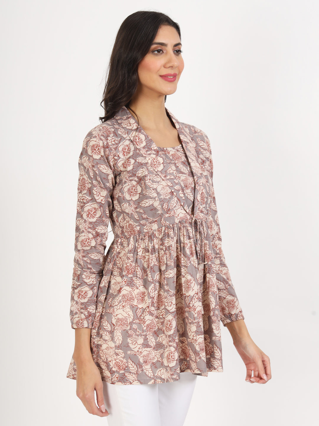 Noe Velarro Grey Floral Printed Cotton Top