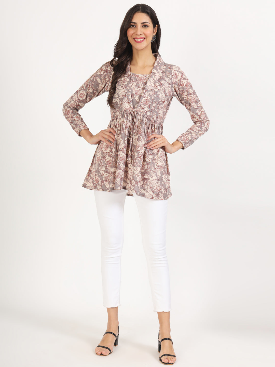 Noe Velarro Grey Floral Printed Cotton Top