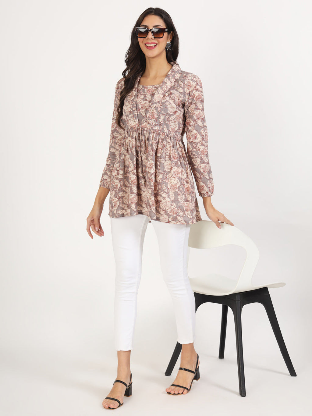 Noe Velarro Grey Floral Printed Cotton Top