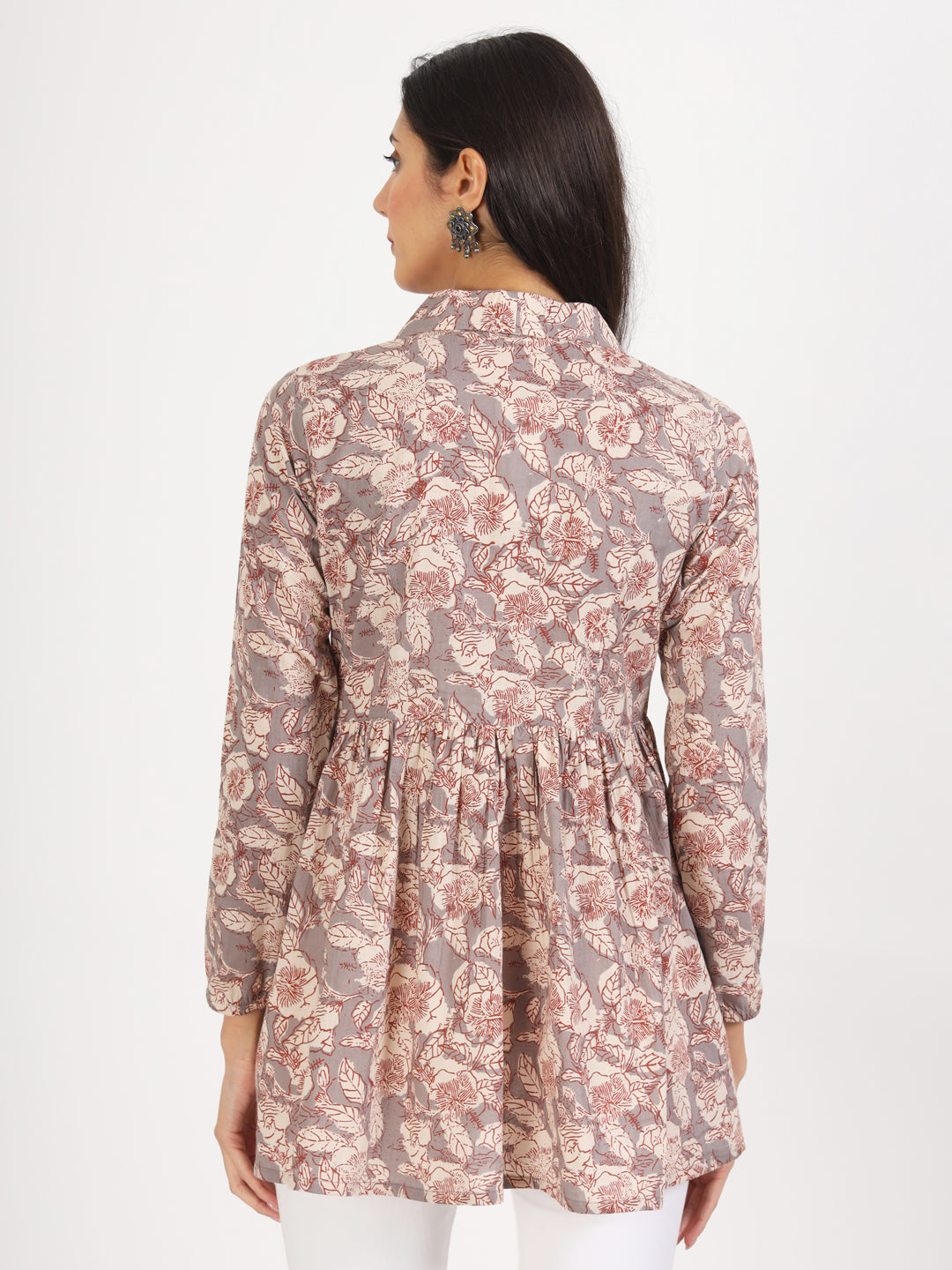 Noe Velarro Grey Floral Printed Cotton Top