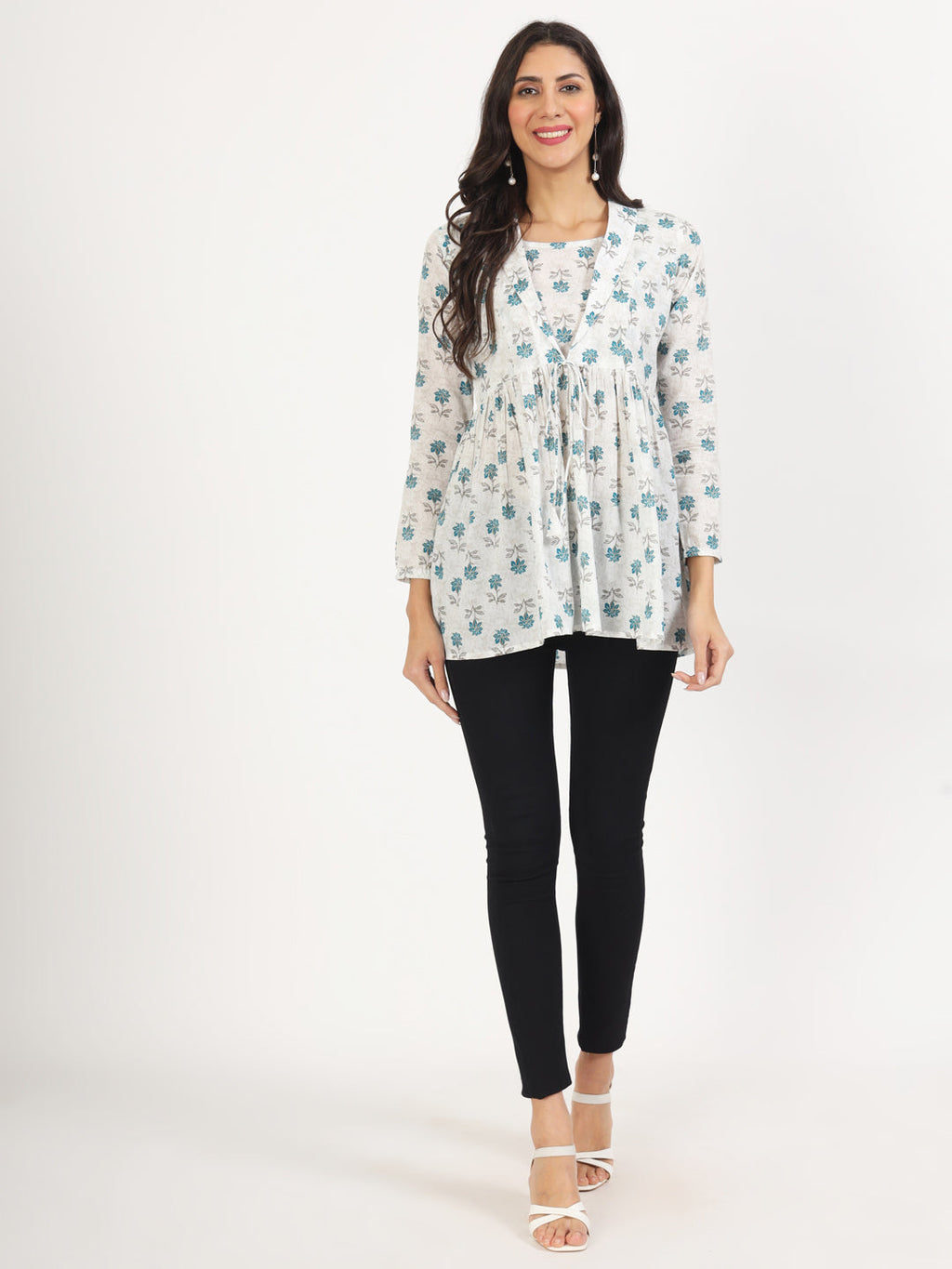 Noe Velarro White Floral Printed Cotton Top