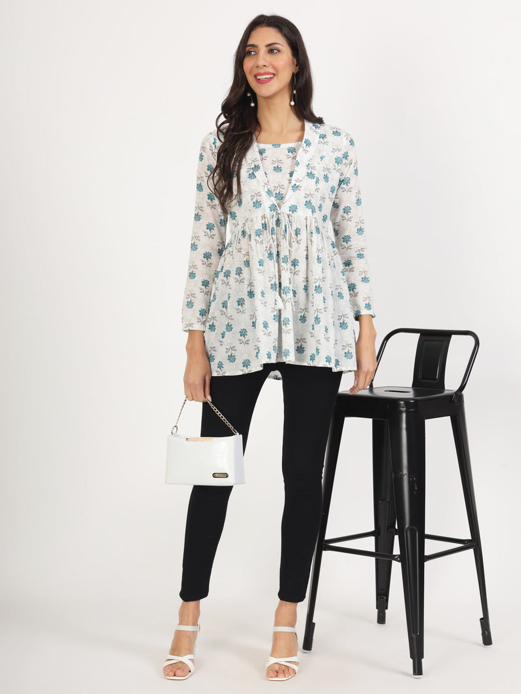 Noe Velarro White Floral Printed Cotton Top