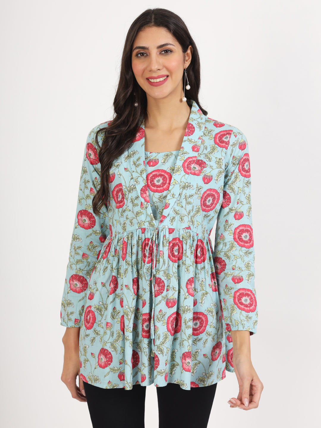 Noe Velarro Sky Blue Floral Printed Cotton Top