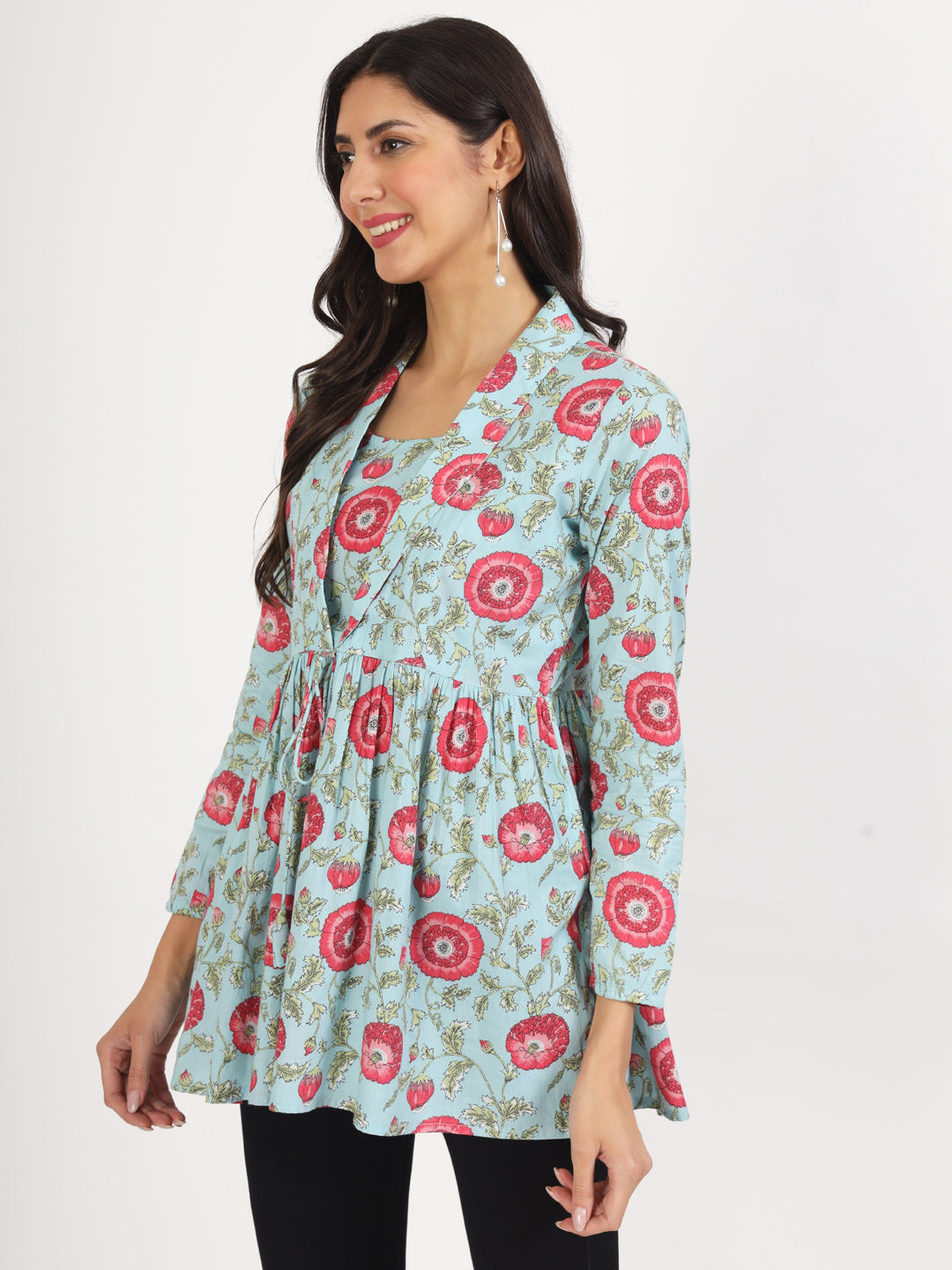 Noe Velarro Sky Blue Floral Printed Cotton Top