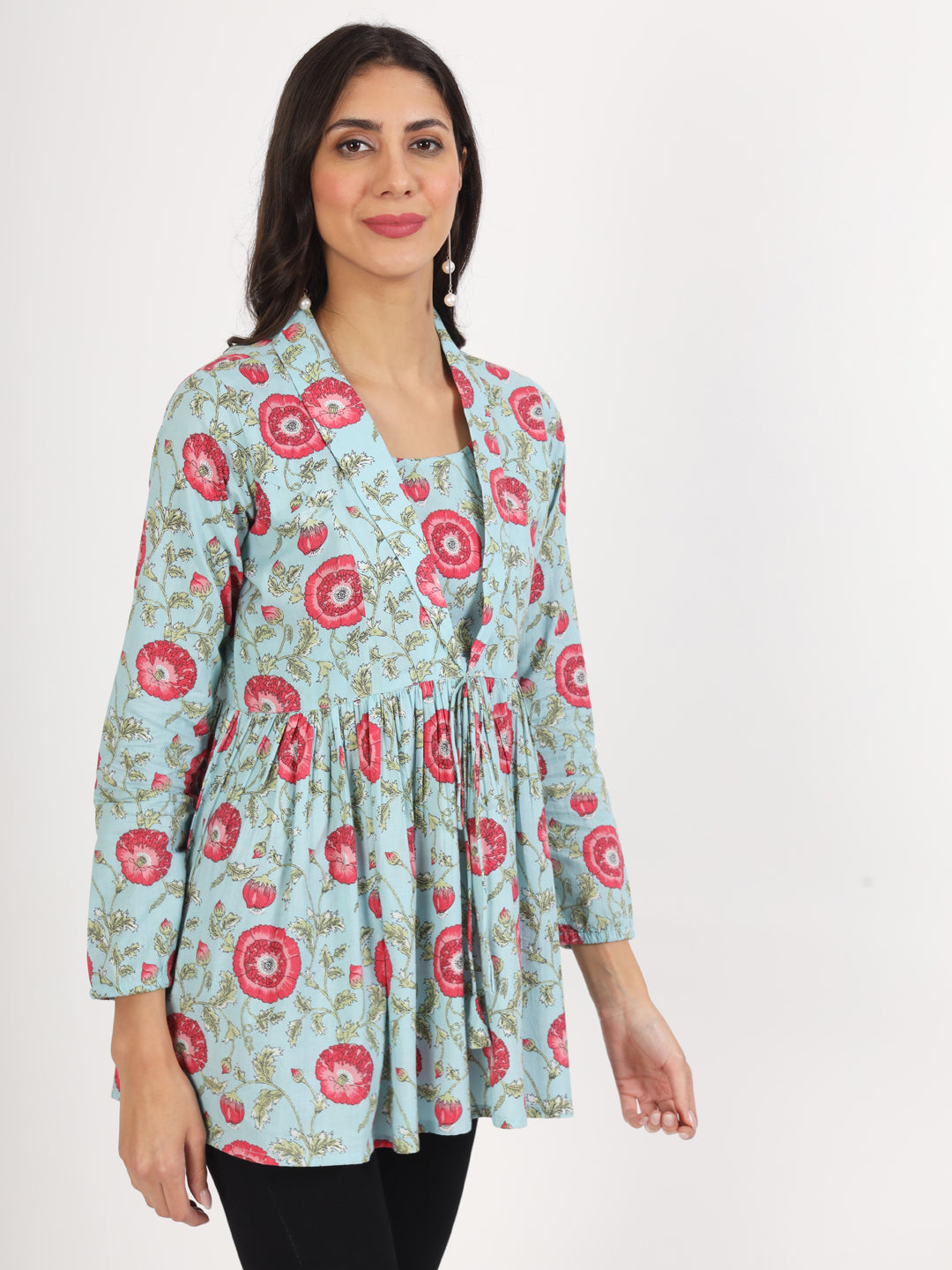 Noe Velarro Sky Blue Floral Printed Cotton Top
