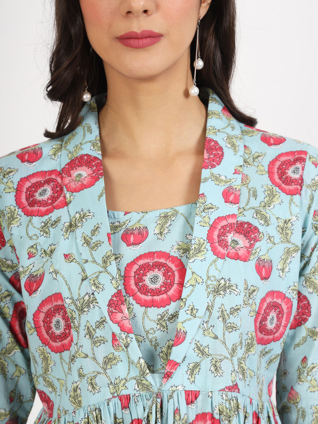 Noe Velarro Sky Blue Floral Printed Cotton Top