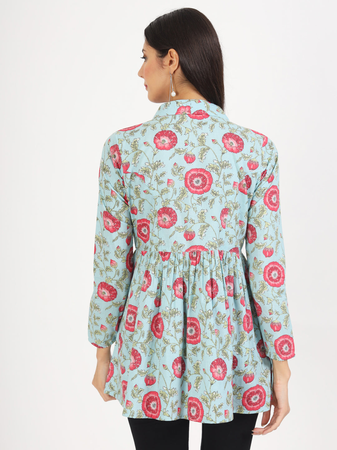 Noe Velarro Sky Blue Floral Printed Cotton Top
