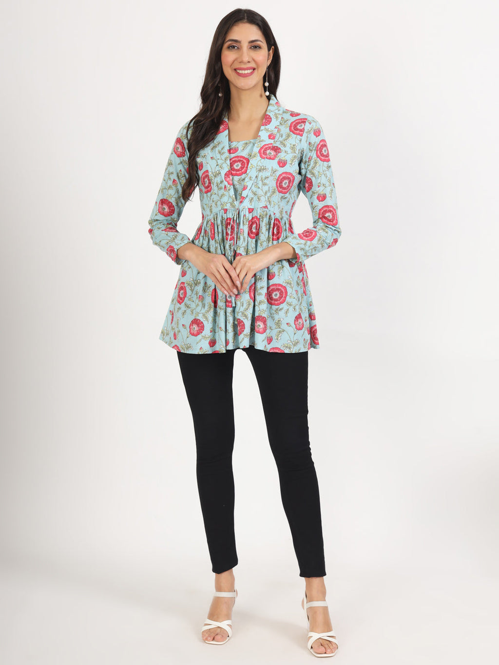 Noe Velarro Sky Blue Floral Printed Cotton Top