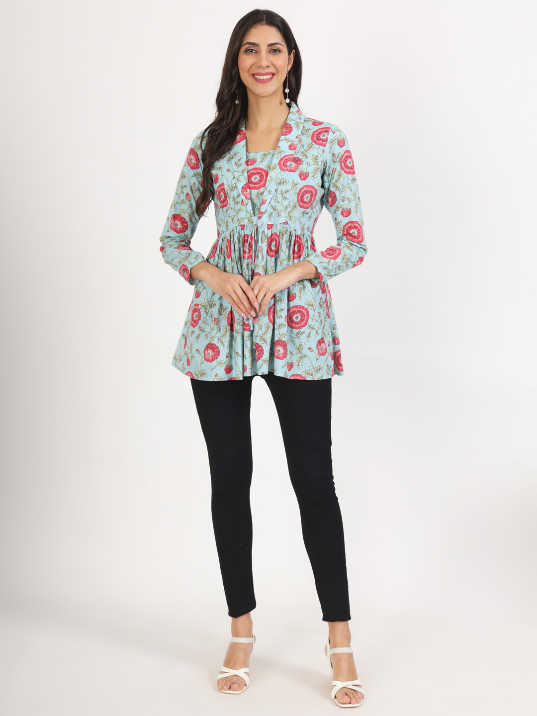 Noe Velarro Sky Blue Floral Printed Cotton Top