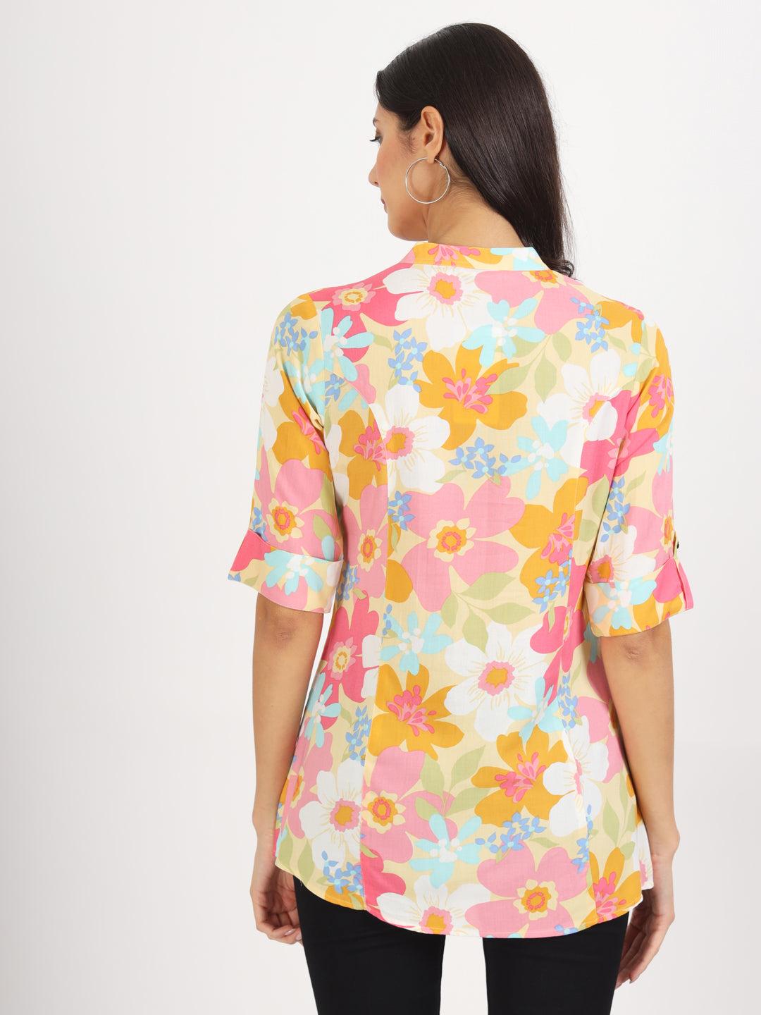 Noe Velarro Yellow Floral Printed Fold Sleeve Rayon Top