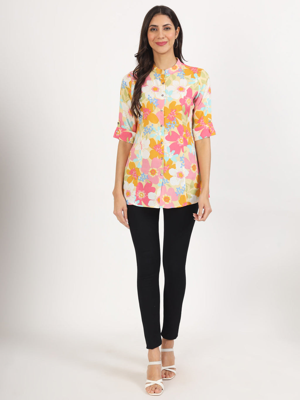Noe Velarro Yellow Floral Printed Fold Sleeve Rayon Top