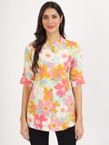 Noe Velarro Yellow Floral Printed Fold Sleeve Rayon Top