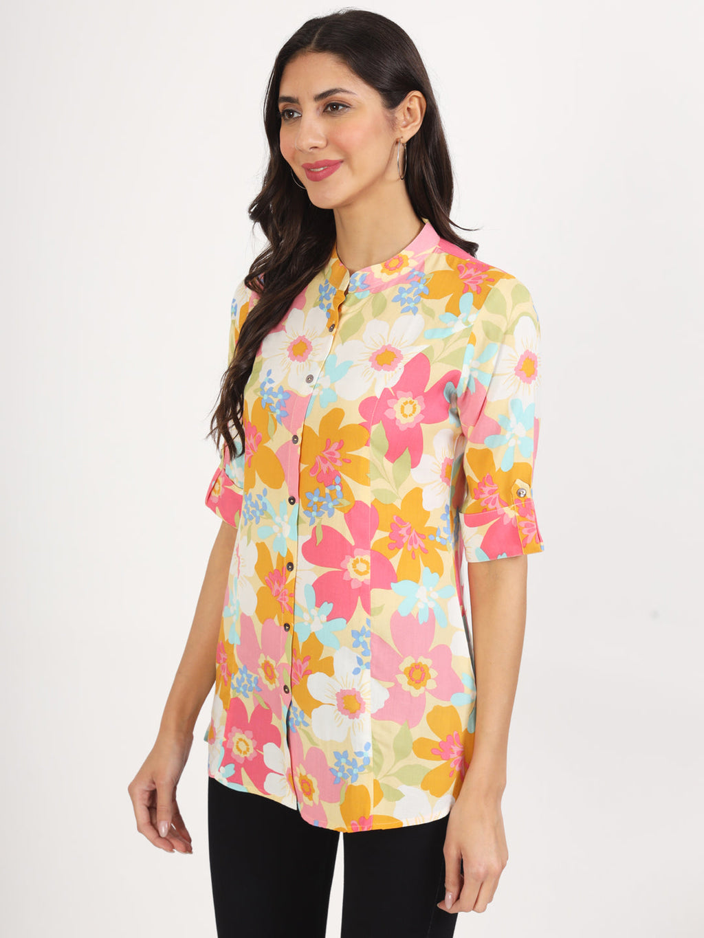 Noe Velarro Yellow Floral Printed Fold Sleeve Rayon Top