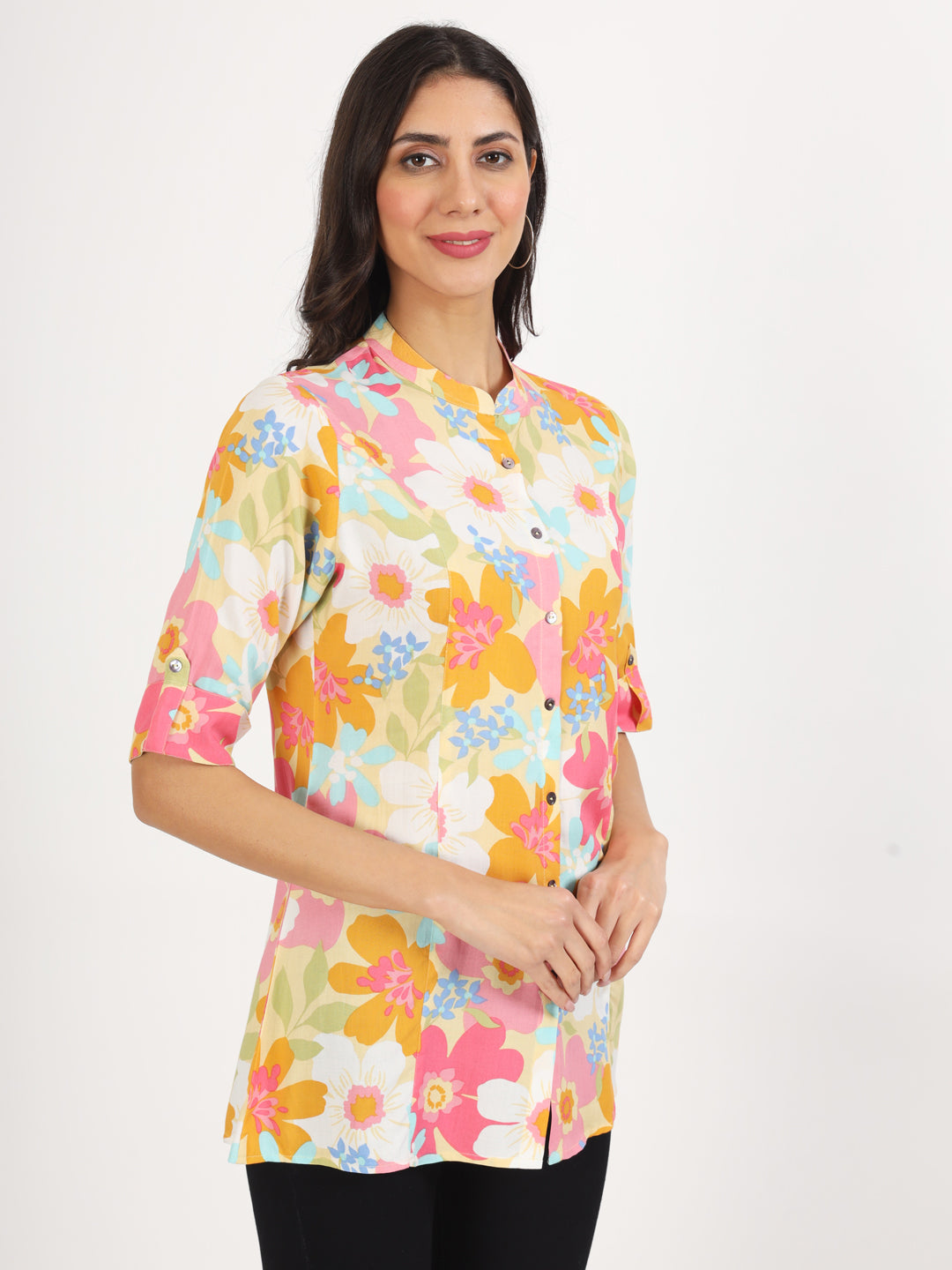 Noe Velarro Yellow Floral Printed Fold Sleeve Rayon Top